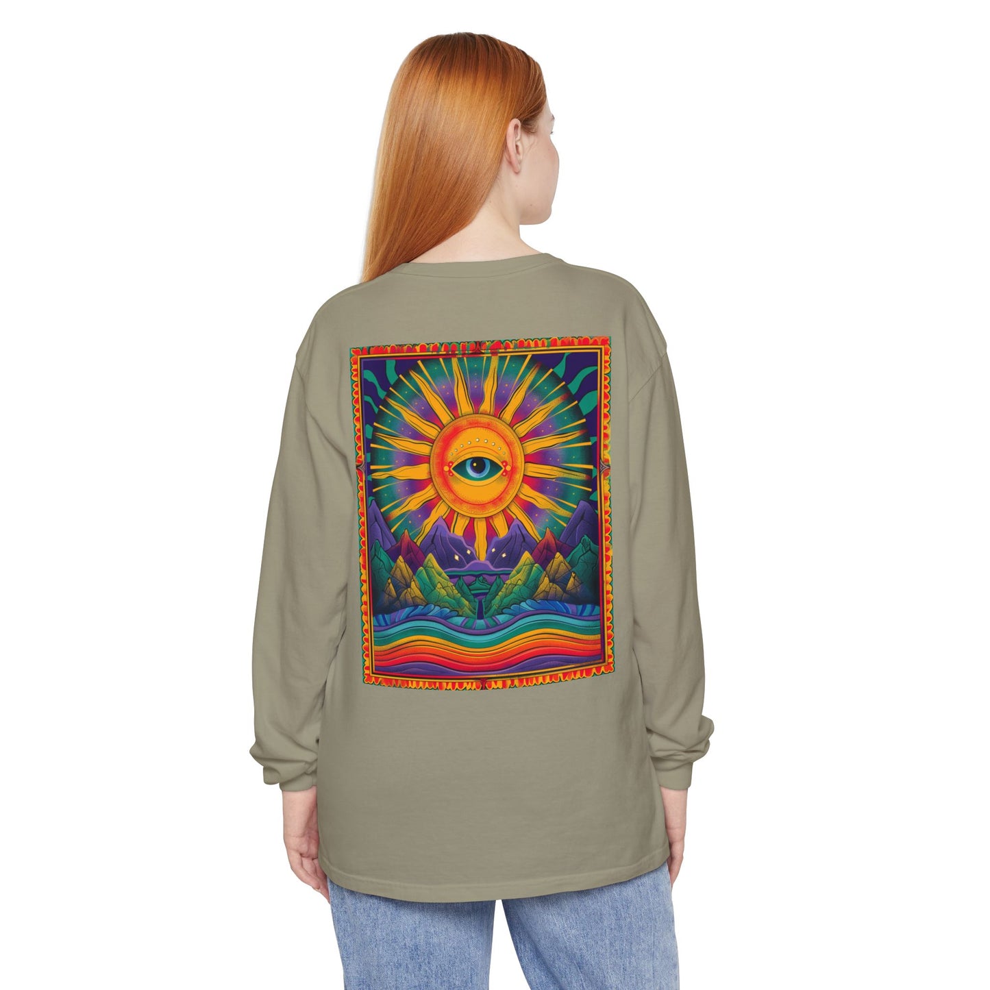 Colorful Eye Sunrise Long Sleeve T-Shirt, Bohemian Shirt, Gift for Nature Lovers, Festival Attire, Psychedelic Art Wear