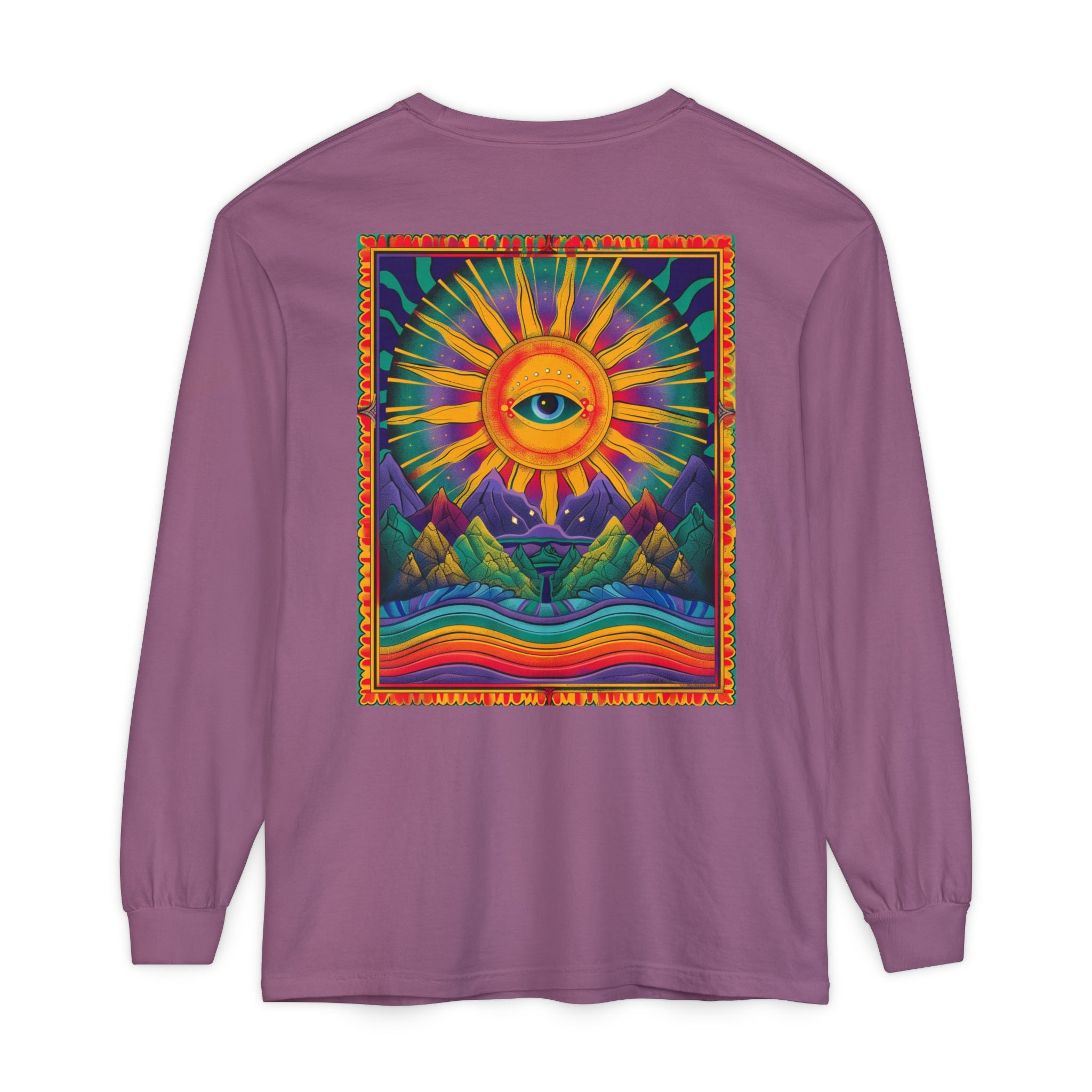 Colorful Eye Sunrise Long Sleeve T-Shirt, Bohemian Shirt, Gift for Nature Lovers, Festival Attire, Psychedelic Art Wear