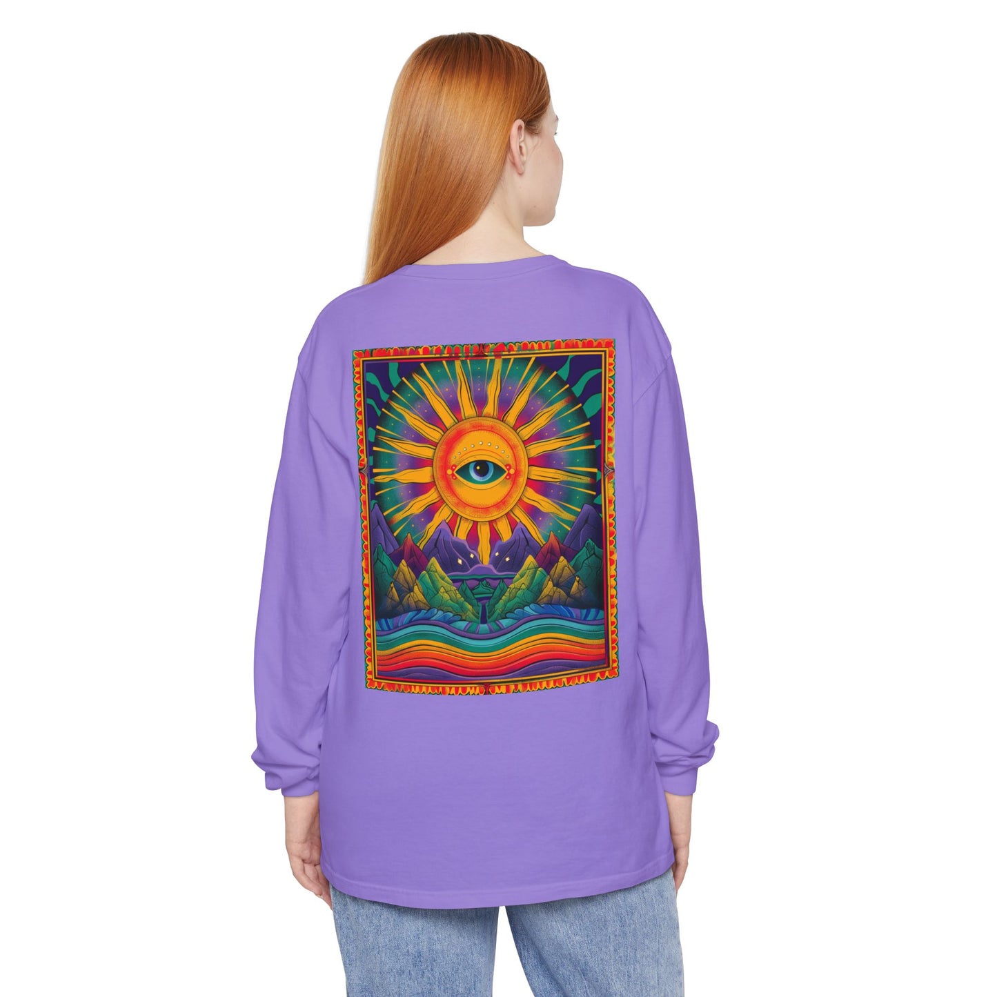Colorful Eye Sunrise Long Sleeve T-Shirt, Bohemian Shirt, Gift for Nature Lovers, Festival Attire, Psychedelic Art Wear