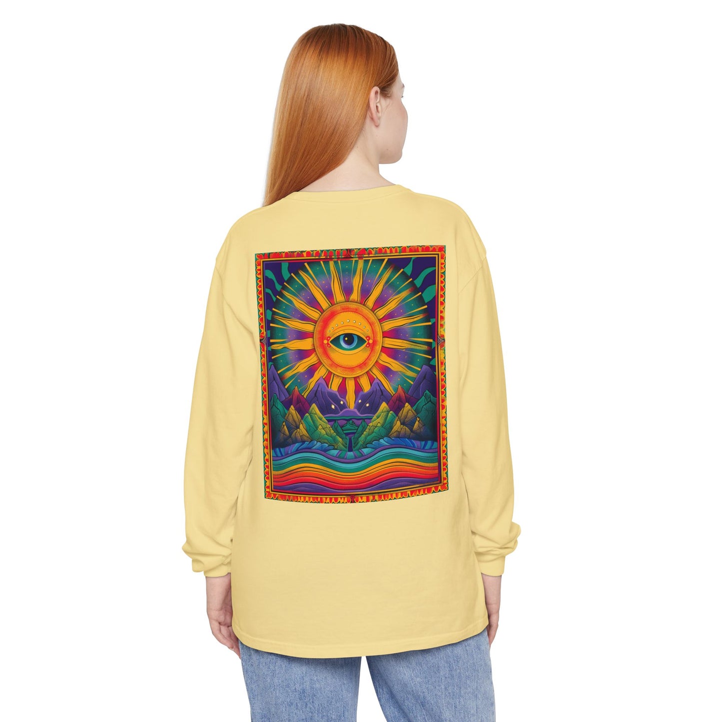 Colorful Eye Sunrise Long Sleeve T-Shirt, Bohemian Shirt, Gift for Nature Lovers, Festival Attire, Psychedelic Art Wear