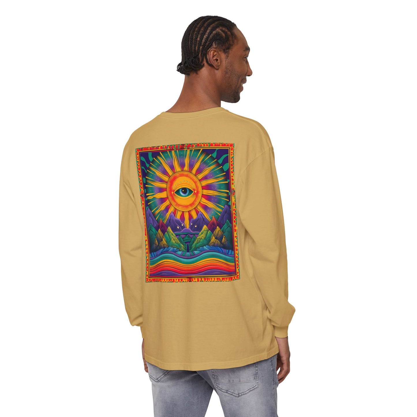 Colorful Eye Sunrise Long Sleeve T-Shirt, Bohemian Shirt, Gift for Nature Lovers, Festival Attire, Psychedelic Art Wear