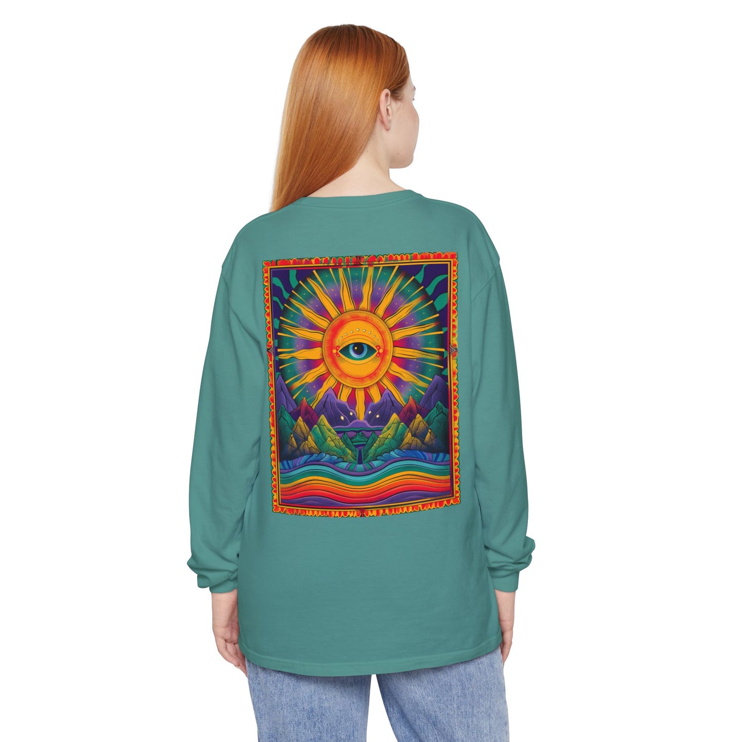 Colorful Eye Sunrise Long Sleeve T-Shirt, Bohemian Shirt, Gift for Nature Lovers, Festival Attire, Psychedelic Art Wear