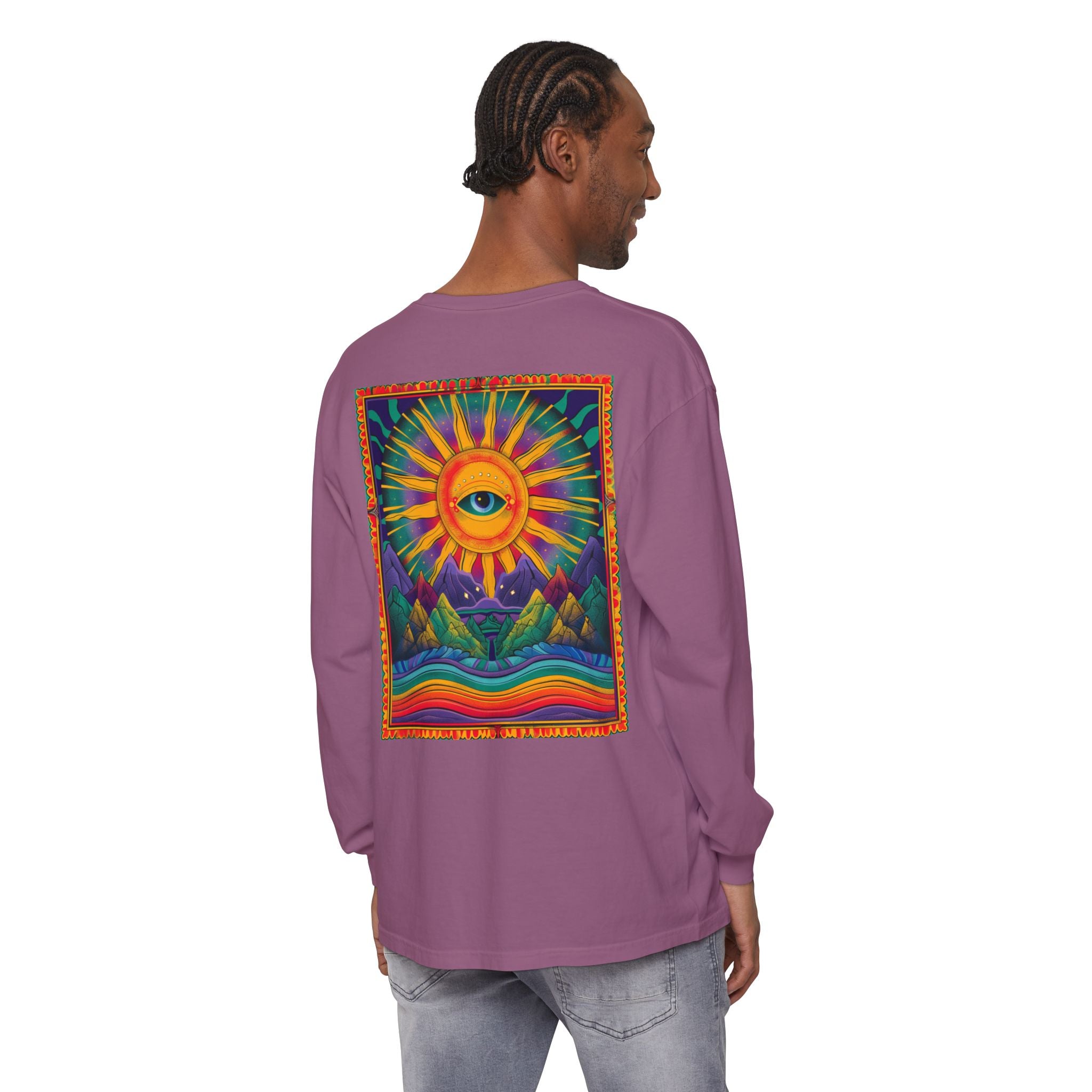 Colorful Eye Sunrise Long Sleeve T-Shirt, Bohemian Shirt, Gift for Nature Lovers, Festival Attire, Psychedelic Art Wear