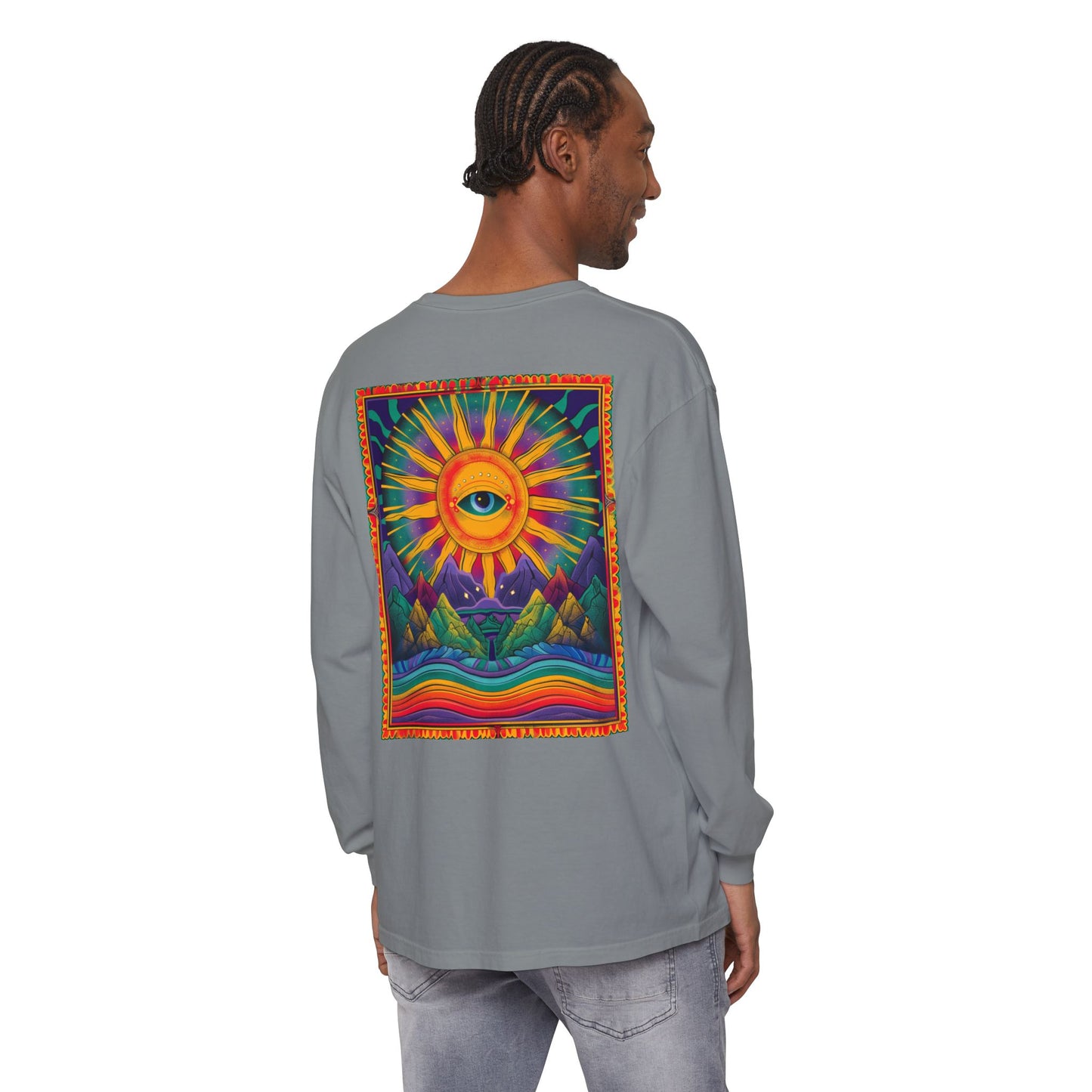 Colorful Eye Sunrise Long Sleeve T-Shirt, Bohemian Shirt, Gift for Nature Lovers, Festival Attire, Psychedelic Art Wear